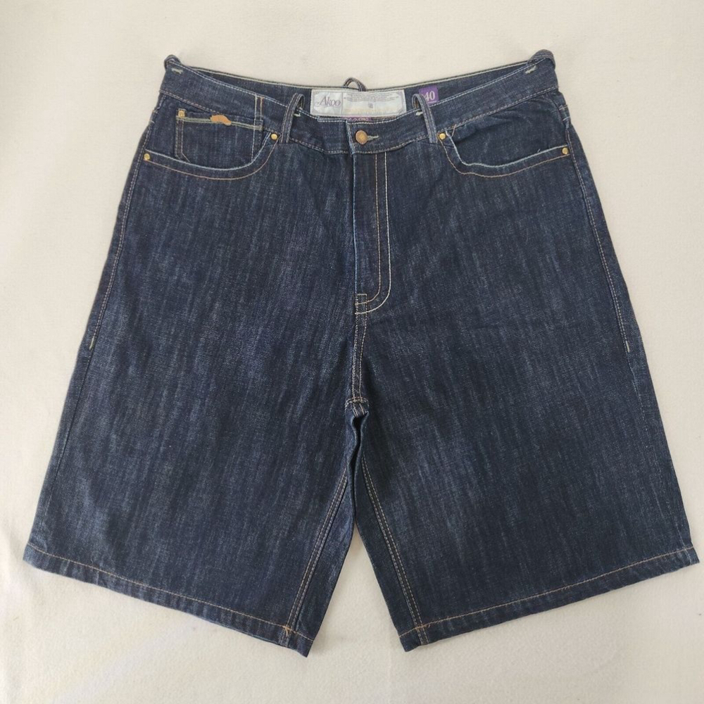 Akoo Men's Dark Wash Shorts Sz. 40 Embroidered Back Pockets Y2k 90s Baggy